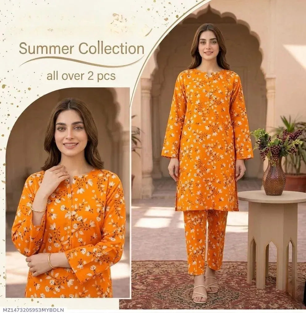 Women Orange Printed 2 Pcs Suit Micro Polo Cotton