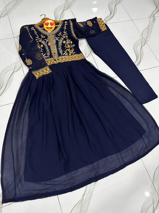 Blue Embroidered Maxi Dress With Crepe Trouser 2Pcs