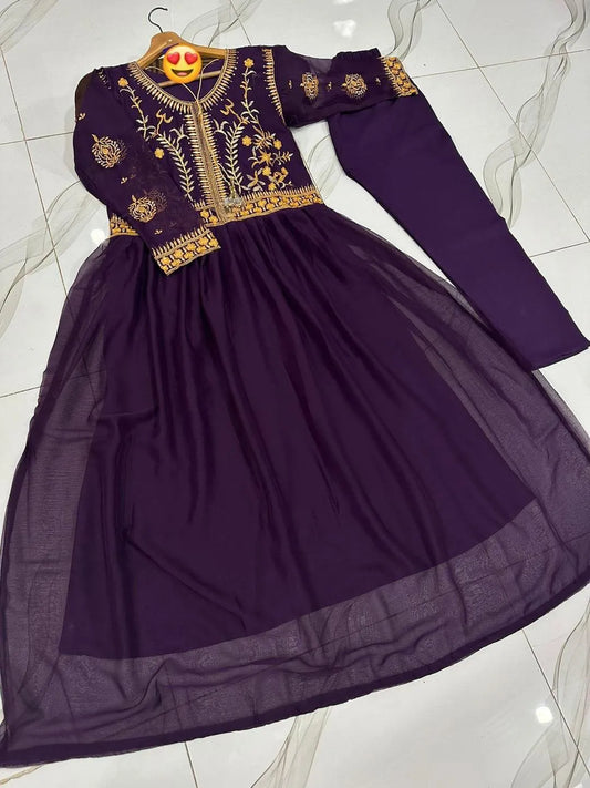 Purple Embroidered Maxi Dress With Crepe Trouser 2Pcs