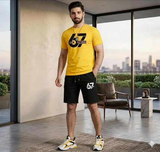 Men Six Seven Graphic Track Suit Yellow Black Shorts Set
