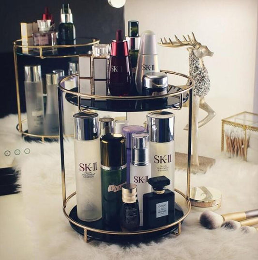 Double Layered Cosmetic Organizer Black Glass Metal