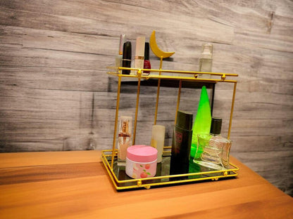 Metal Makeup Organizer Gold Crescent Moon Two Shelf