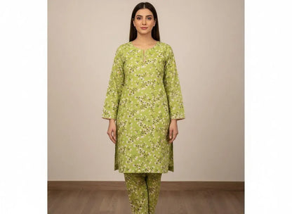 Women Green Printed 2 Pcs Suit Micro Polo Cotton