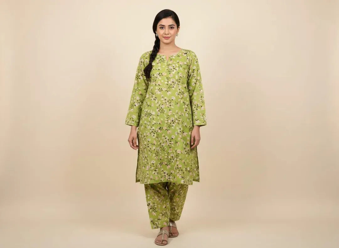 Women Green Printed 2 Pcs Suit Micro Polo Cotton