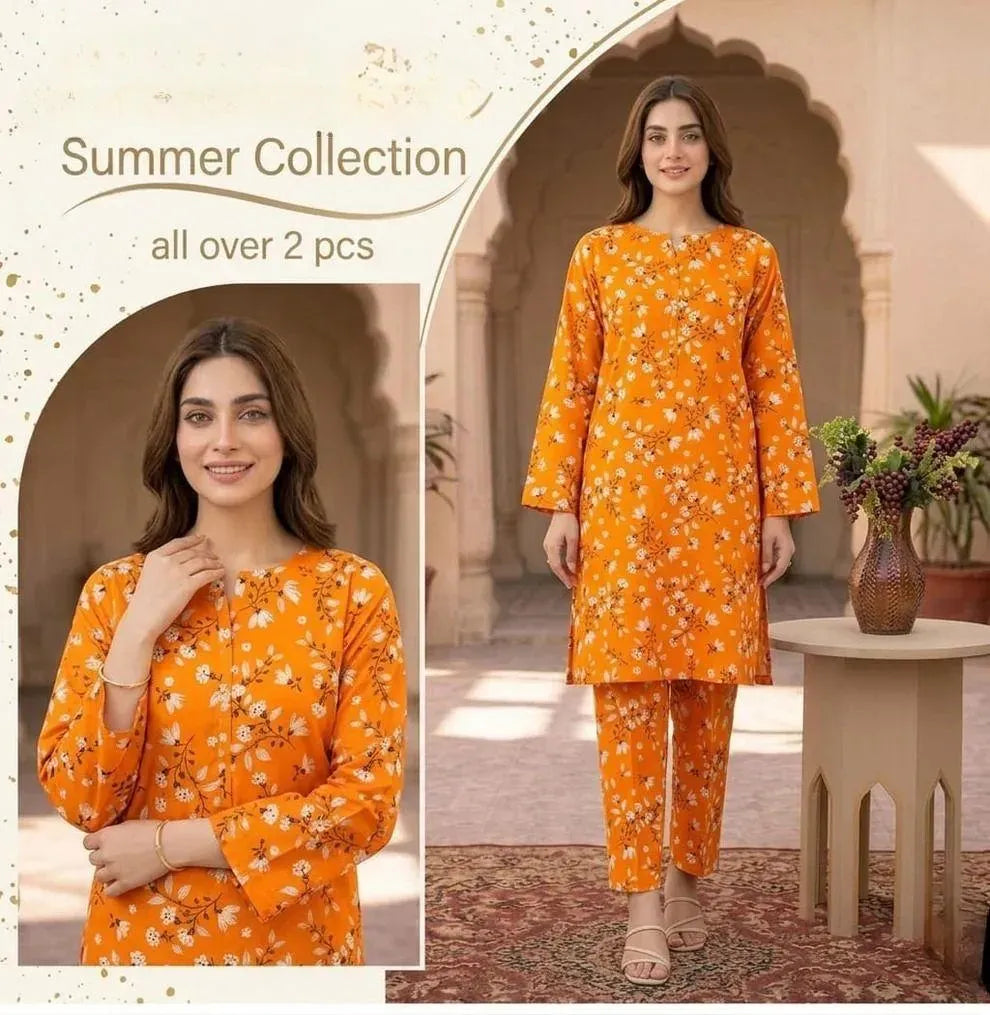 Women Orange Printed 2 Pcs Suit Micro Polo Cotton