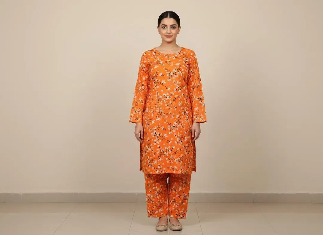 Women Orange Printed 2 Pcs Suit Micro Polo Cotton