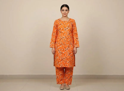 Women Orange Printed 2 Pcs Suit Micro Polo Cotton