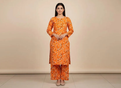 Women Orange Printed 2 Pcs Suit Micro Polo Cotton
