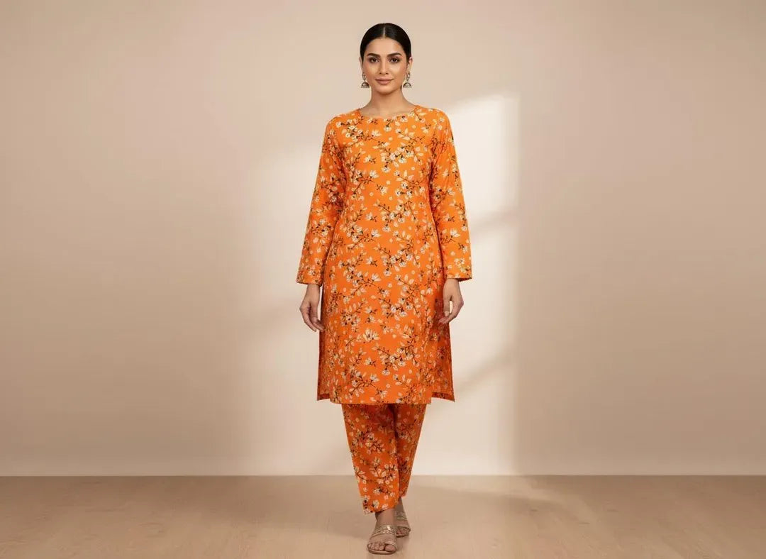 Women Orange Printed 2 Pcs Suit Micro Polo Cotton