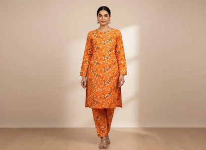 Women Orange Printed 2 Pcs Suit Micro Polo Cotton