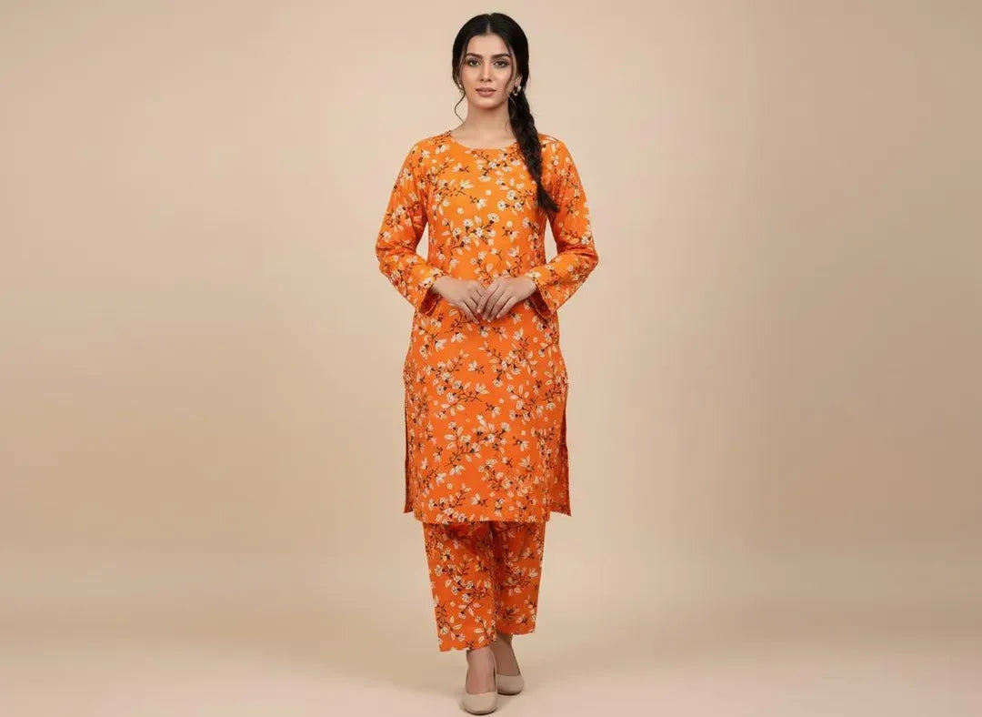 Women Orange Printed 2 Pcs Suit Micro Polo Cotton