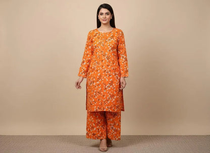 Women Orange Printed 2 Pcs Suit Micro Polo Cotton
