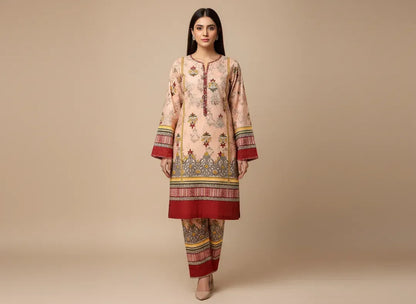 Women Unstitched Printed Suit Pink Polo Cotton 2 Pcs