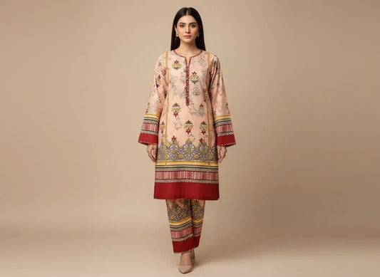 Women Unstitched Printed Suit Pink Polo Cotton 2 Pcs