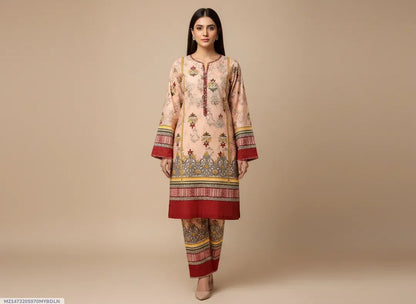 Women Unstitched Printed Suit Pink Polo Cotton 2 Pcs