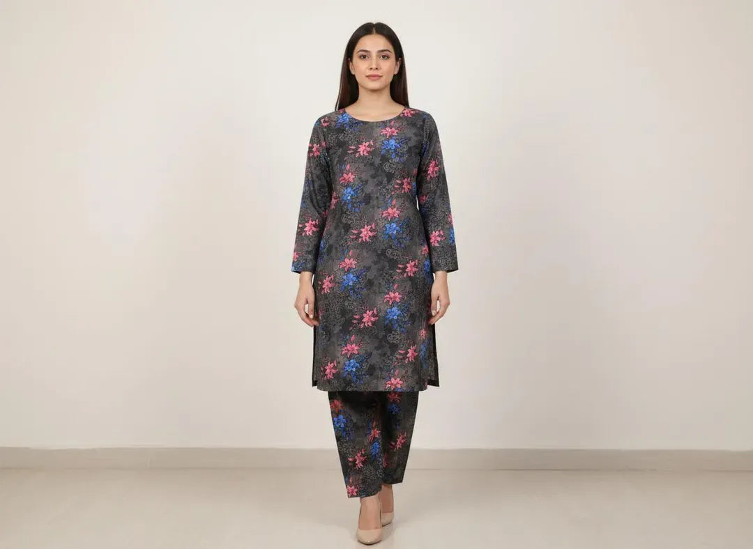 Women Unstitched Printed Suit Grey Polo Cotton 2 Pcs