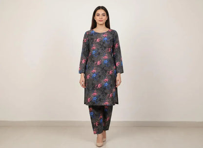 Women Unstitched Printed Suit Grey Polo Cotton 2 Pcs