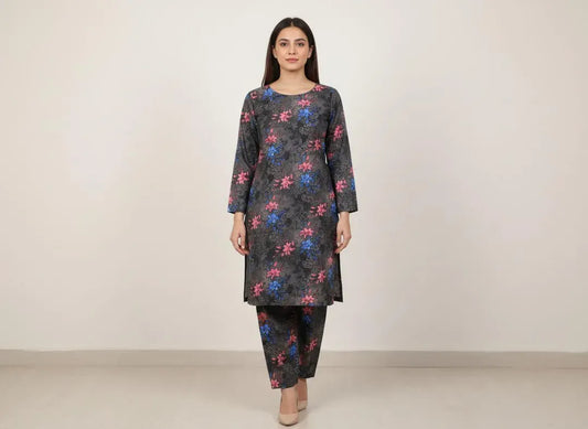 Women Unstitched Printed Suit Grey Polo Cotton 2 Pcs