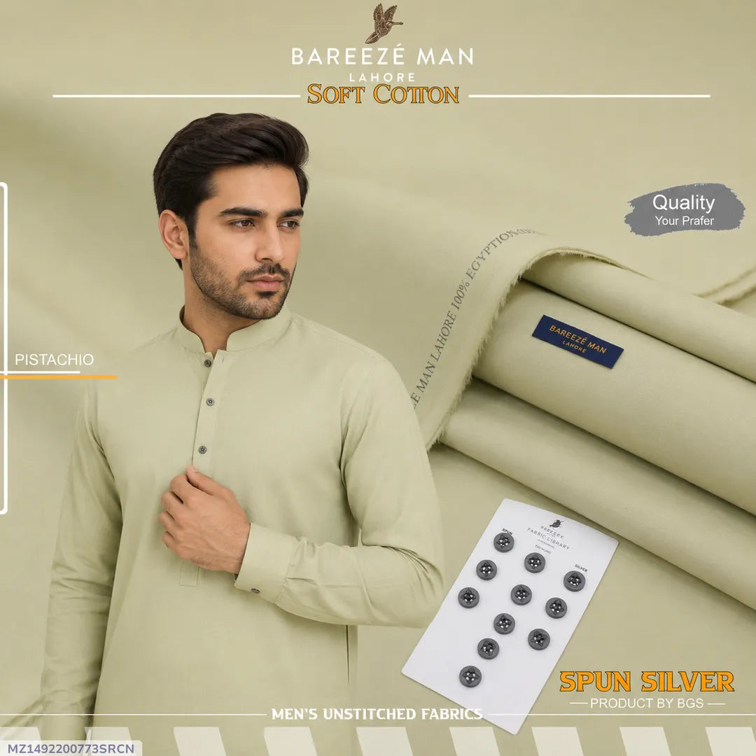 Men Unstitched Cotton Suit Green Summer