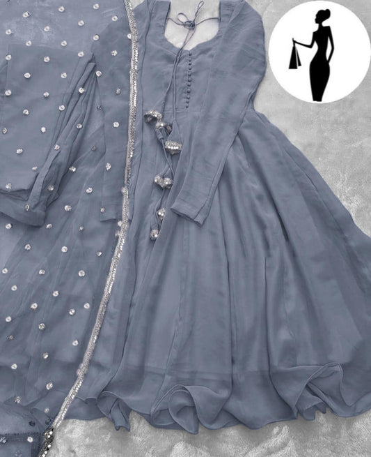Grey Chiffon V-Neck Maxi Suit 3Pcs With Lace Dupatta