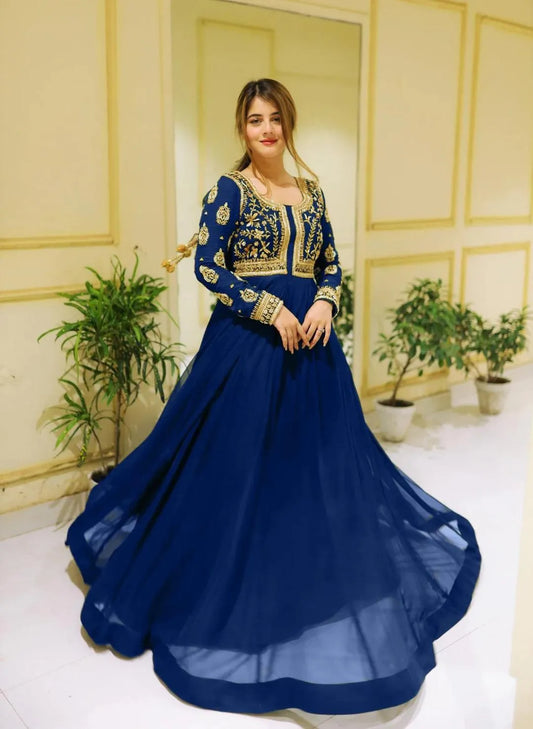 Blue Embroidered Maxi Dress With Crepe Trouser 2Pcs