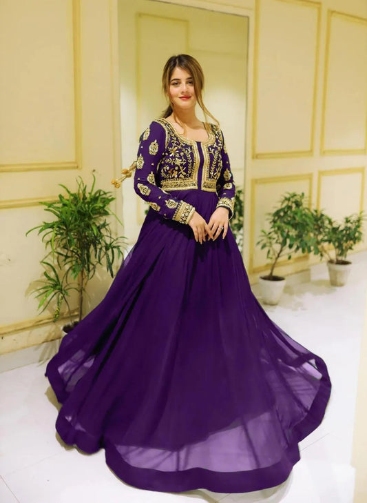 Purple Embroidered Maxi Dress With Crepe Trouser 2Pcs
