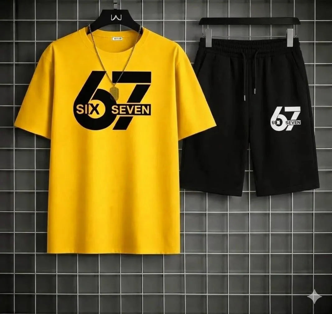 Men Six Seven Graphic Track Suit Yellow Black Shorts Set