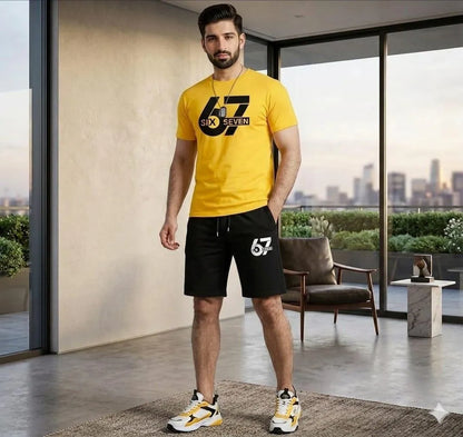 Men Six Seven Graphic Track Suit Yellow Black Shorts Set