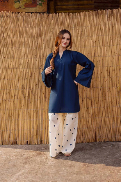 2 Pcs Women's Stitched Cotton Embroidered Shirt And Trouser