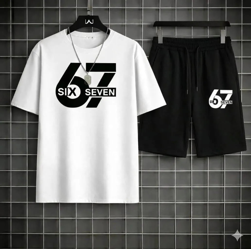 Men Printed 67 Seven Track Suit White Black Shorts