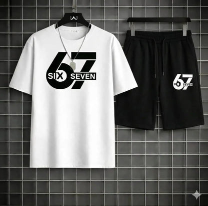 Men Printed 67 Seven Track Suit White Black Shorts