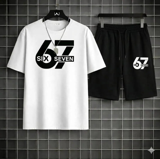 Men Printed 67 Seven Track Suit White Black Shorts