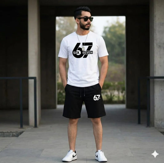 Men Printed 67 Seven Track Suit White Black Shorts