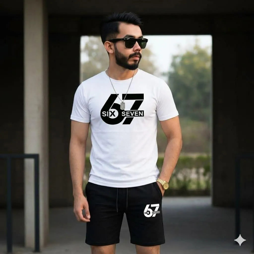 Men Printed 67 Seven Track Suit White Black Shorts