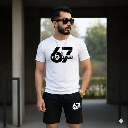 Men Printed 67 Seven Track Suit White Black Shorts