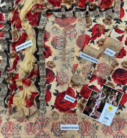 3 Pcs Women's Unstitched Printed Embroidered Suit