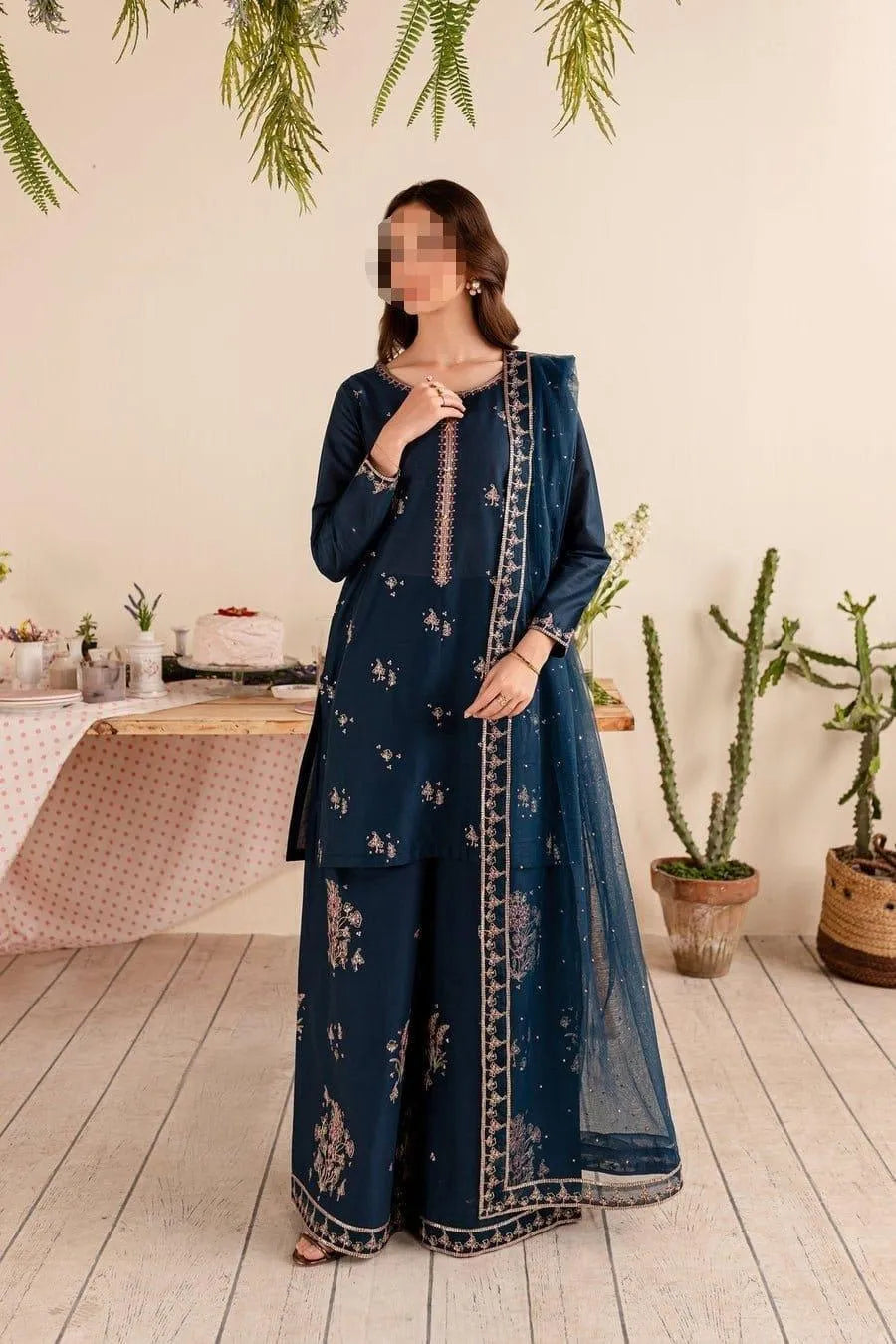 3-Piece Embroidered Dhanak Suit for Women