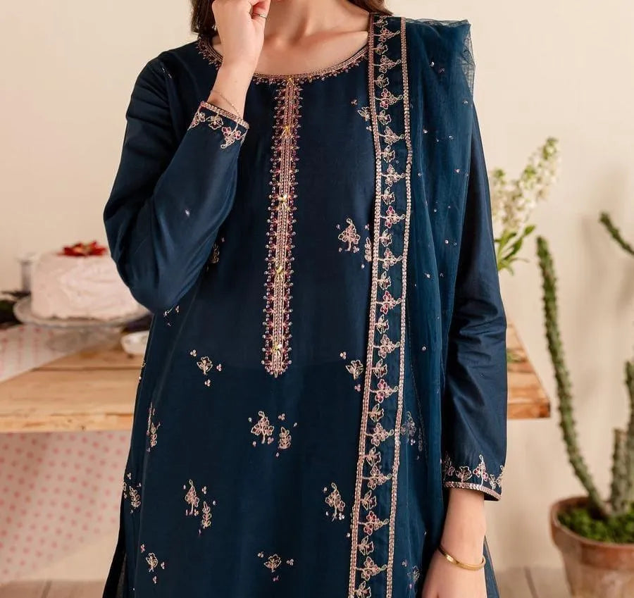 3-Piece Embroidered Dhanak Suit for Women