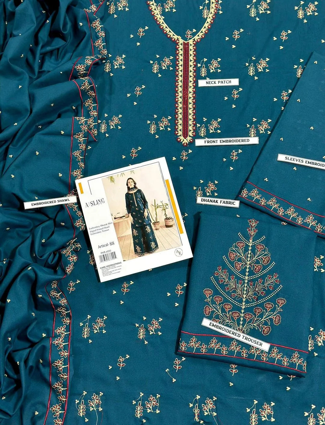 3-Piece Embroidered Dhanak Suit for Women