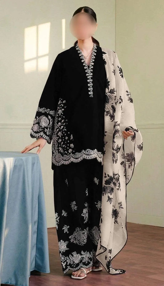 Black Embroidered Lawn Shirt with Dupatta Set