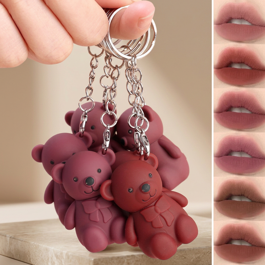 Nude Matte Glossy Lip Gloss Set with Bear Keychain