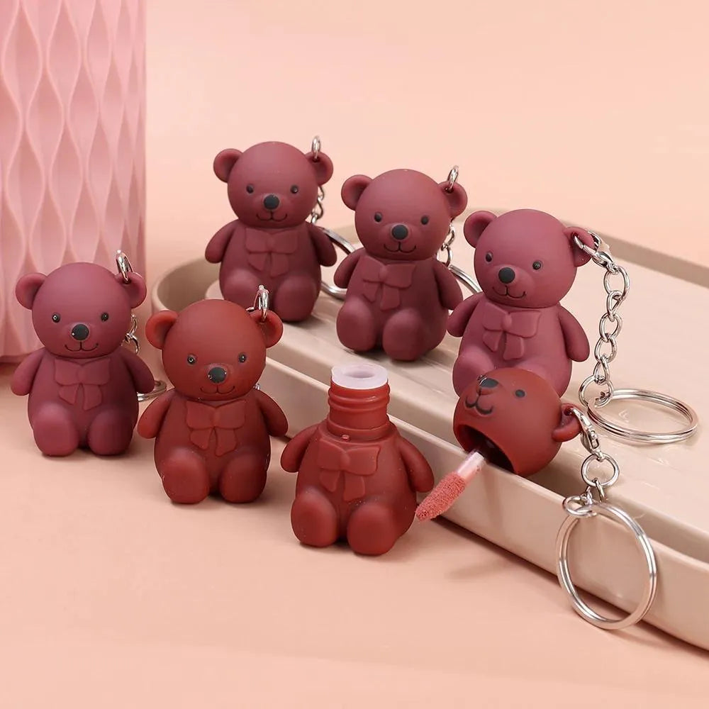 Nude Matte Glossy Lip Gloss Set with Bear Keychain