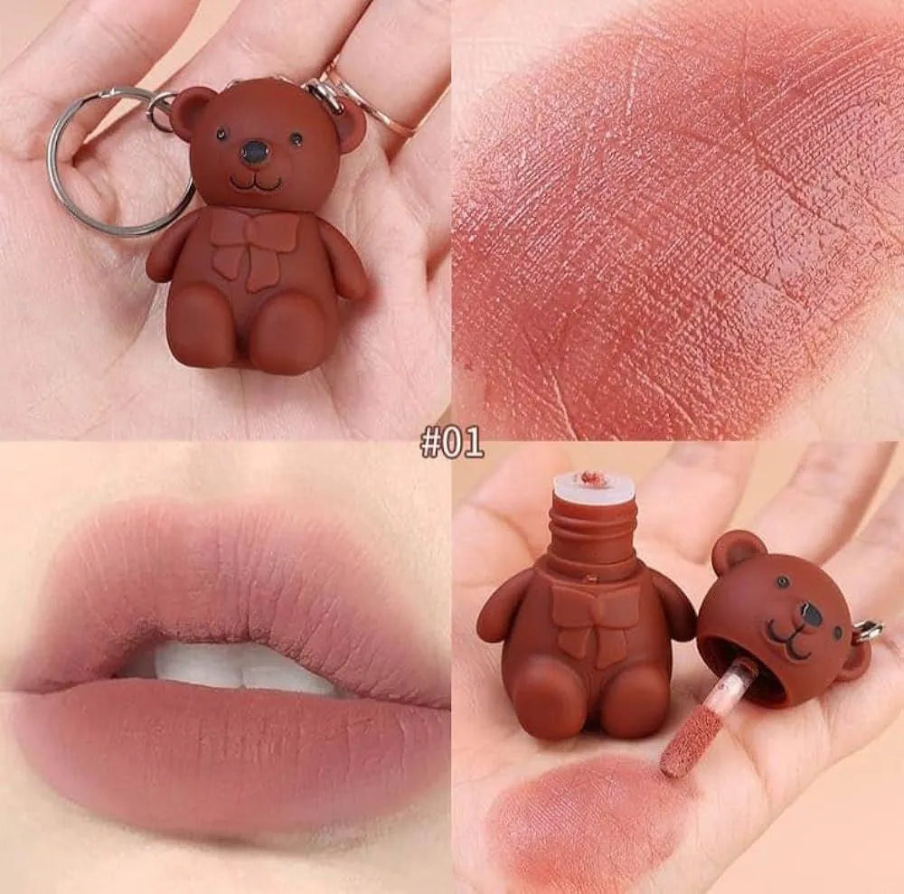 Nude Matte Glossy Lip Gloss Set with Bear Keychain