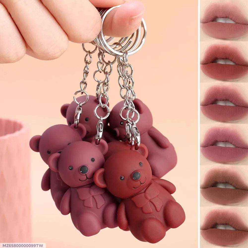 Nude Matte Glossy Lip Gloss Set with Bear Keychain