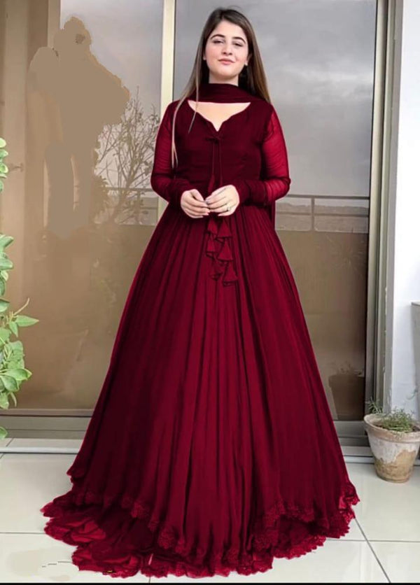 Women Maroon Chiffon Maxi Suit 3 Pcs Round Neck