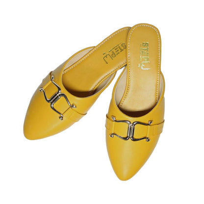 Yellow Women's Flat Shoes with Metal Buckle & Rexine Materia
