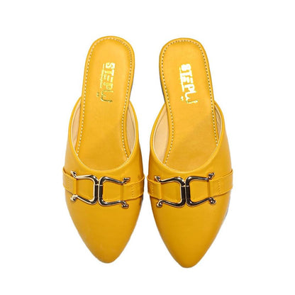 Yellow Women's Flat Shoes with Metal Buckle & Rexine Materia