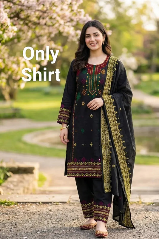 Embroidered Black Dhaga Shirt with Green Border