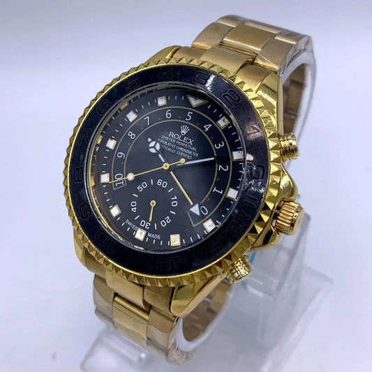 Men's Gold Quartz Watch with Black Dial & Stainless Steel Strap