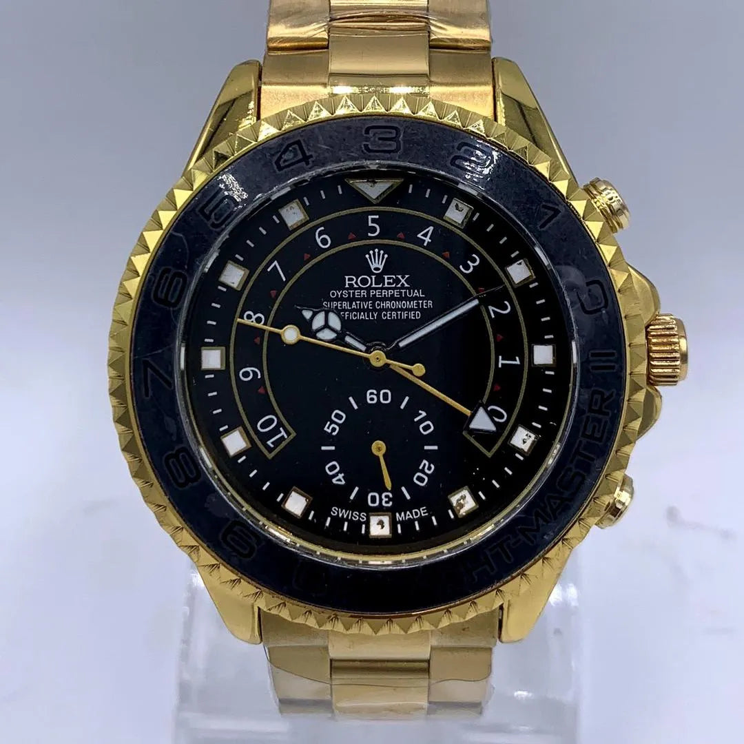 Men's Gold Quartz Watch with Black Dial & Stainless Steel Strap